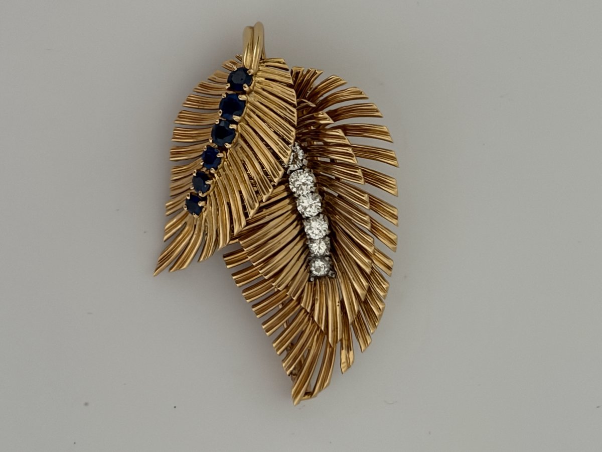 7807- Broche Feuillage Vintage Or Jaune Saphirs Diamants-photo-3