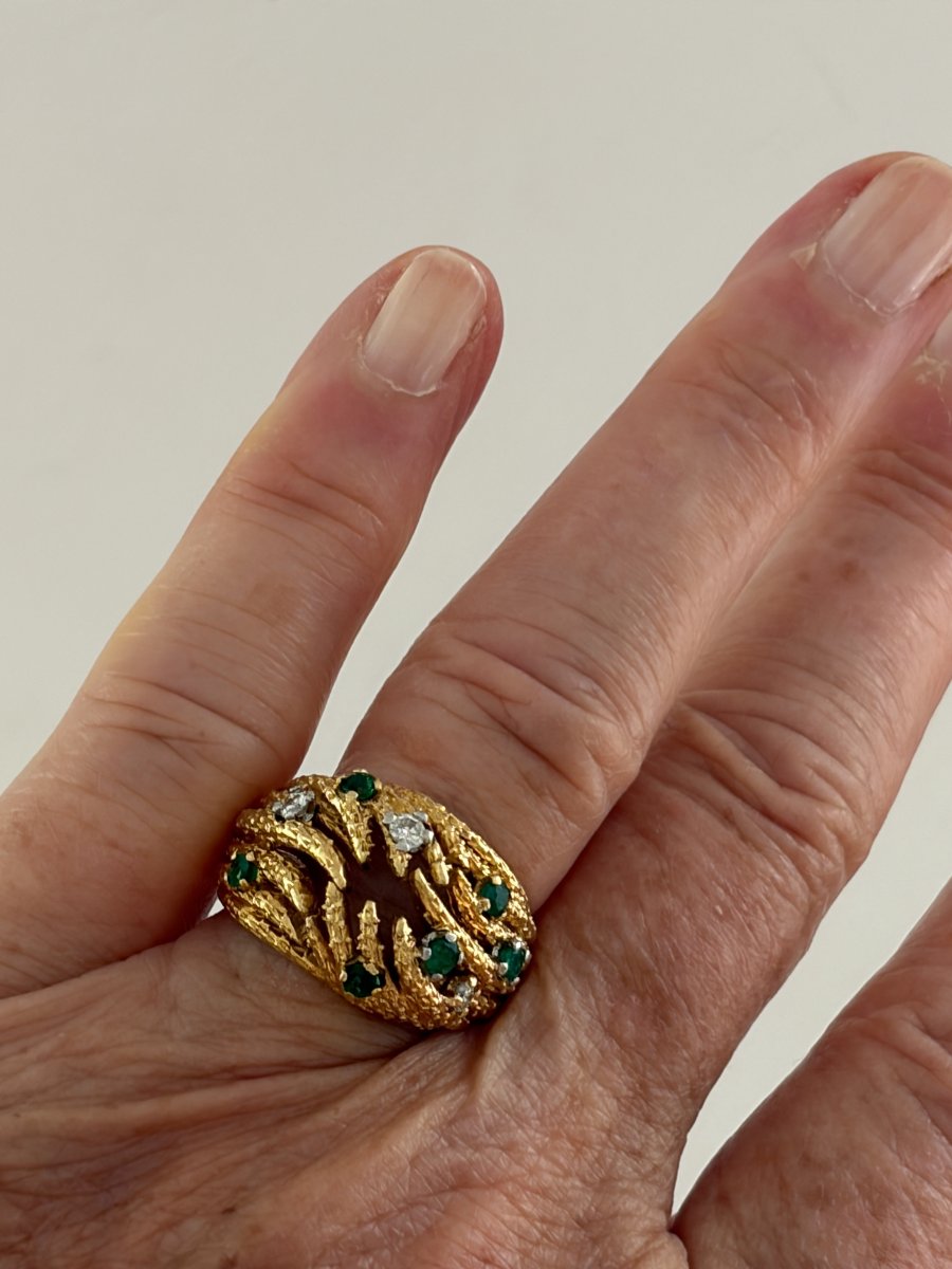 7826- Bague Vintage Or Jaune Emeraudes Diamants-photo-2
