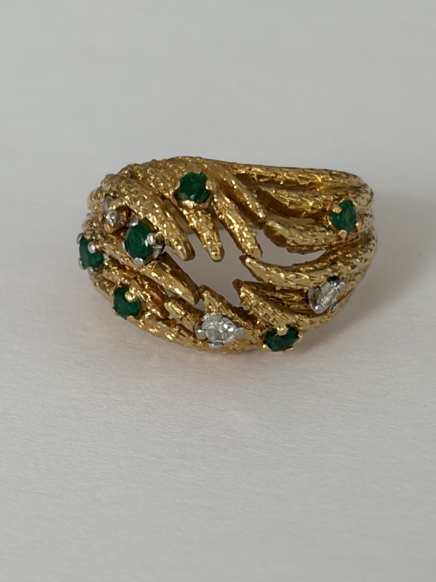 7826- Bague Vintage Or Jaune Emeraudes Diamants