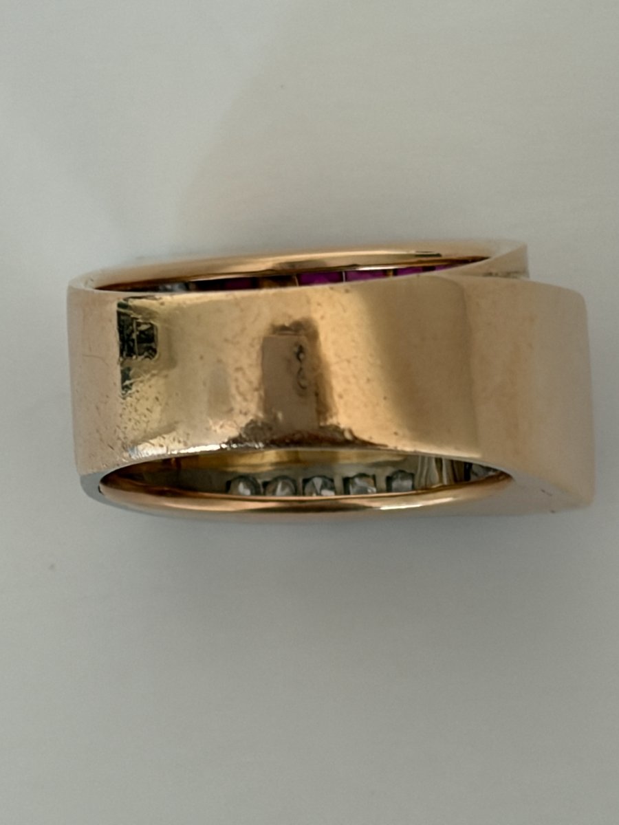7833- Bague Tank Or Rose Platine Diamants Rubis-photo-2