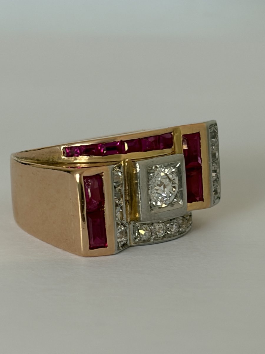 7833- Bague Tank Or Rose Platine Diamants Rubis-photo-1