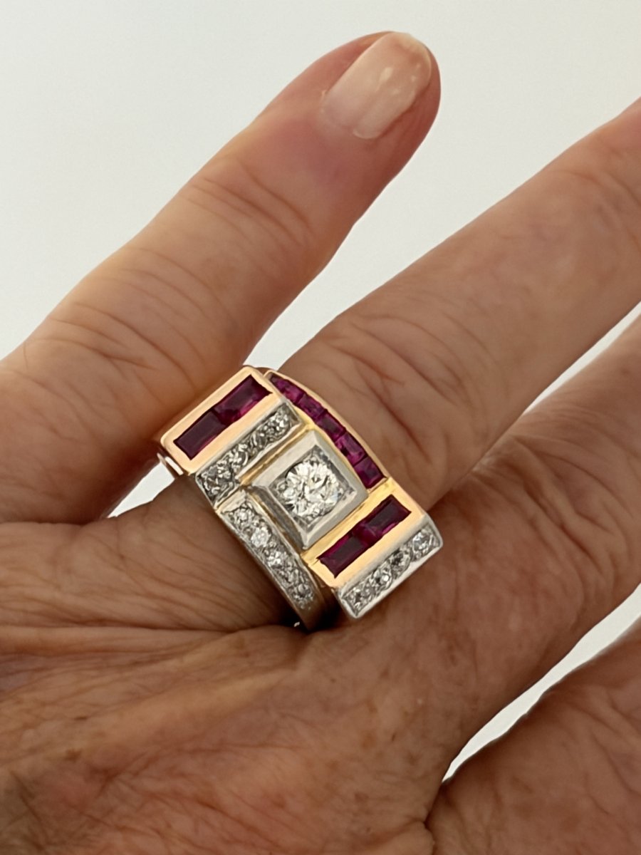 7833- Bague Tank Or Rose Platine Diamants Rubis-photo-2