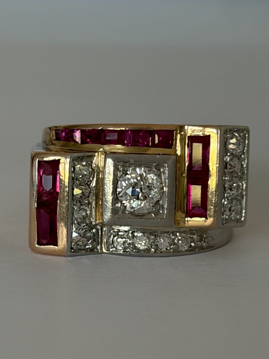 7833- Bague Tank Or Rose Platine Diamants Rubis