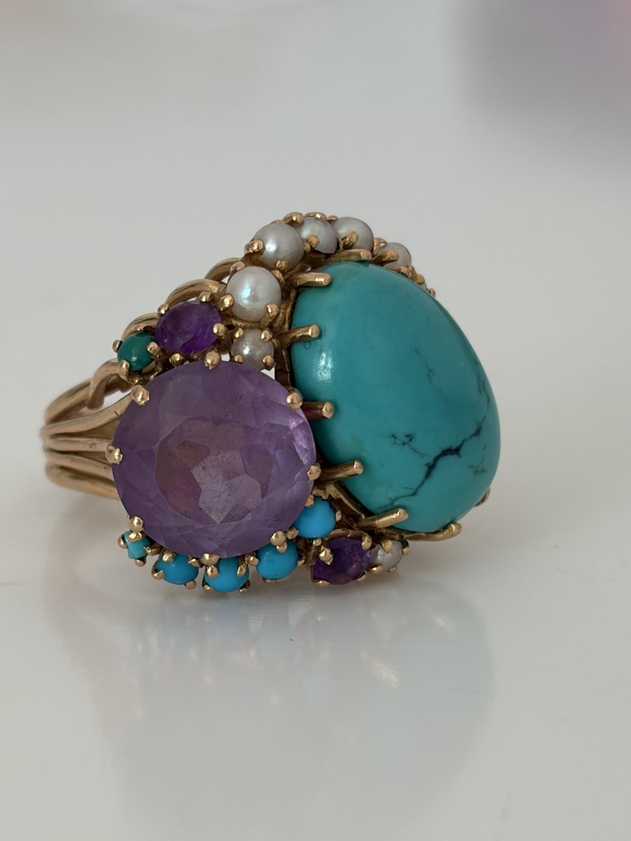 7857 - Statement Cocktail Ring In Rose Gold With Turquoises, Amethysts, And Pearls-photo-4