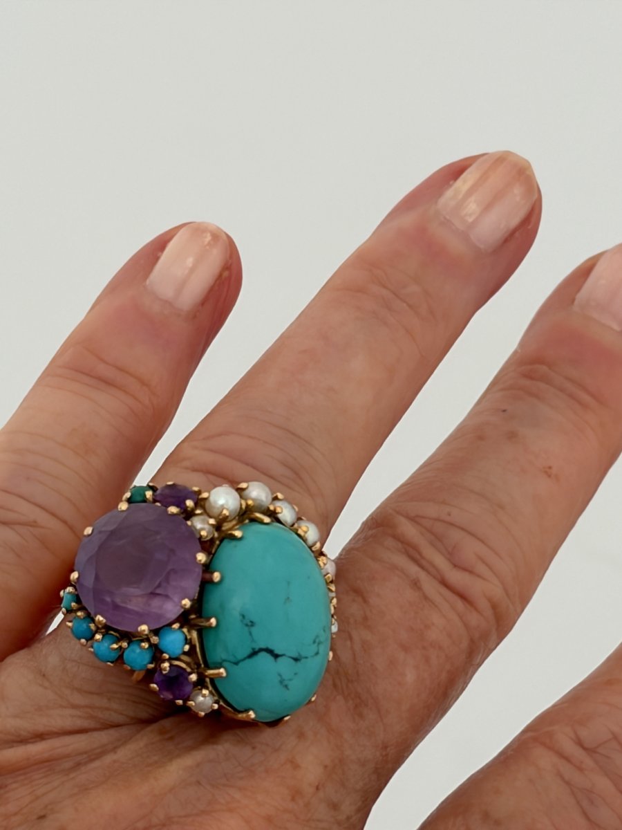 7857 - Statement Cocktail Ring In Rose Gold With Turquoises, Amethysts, And Pearls-photo-1