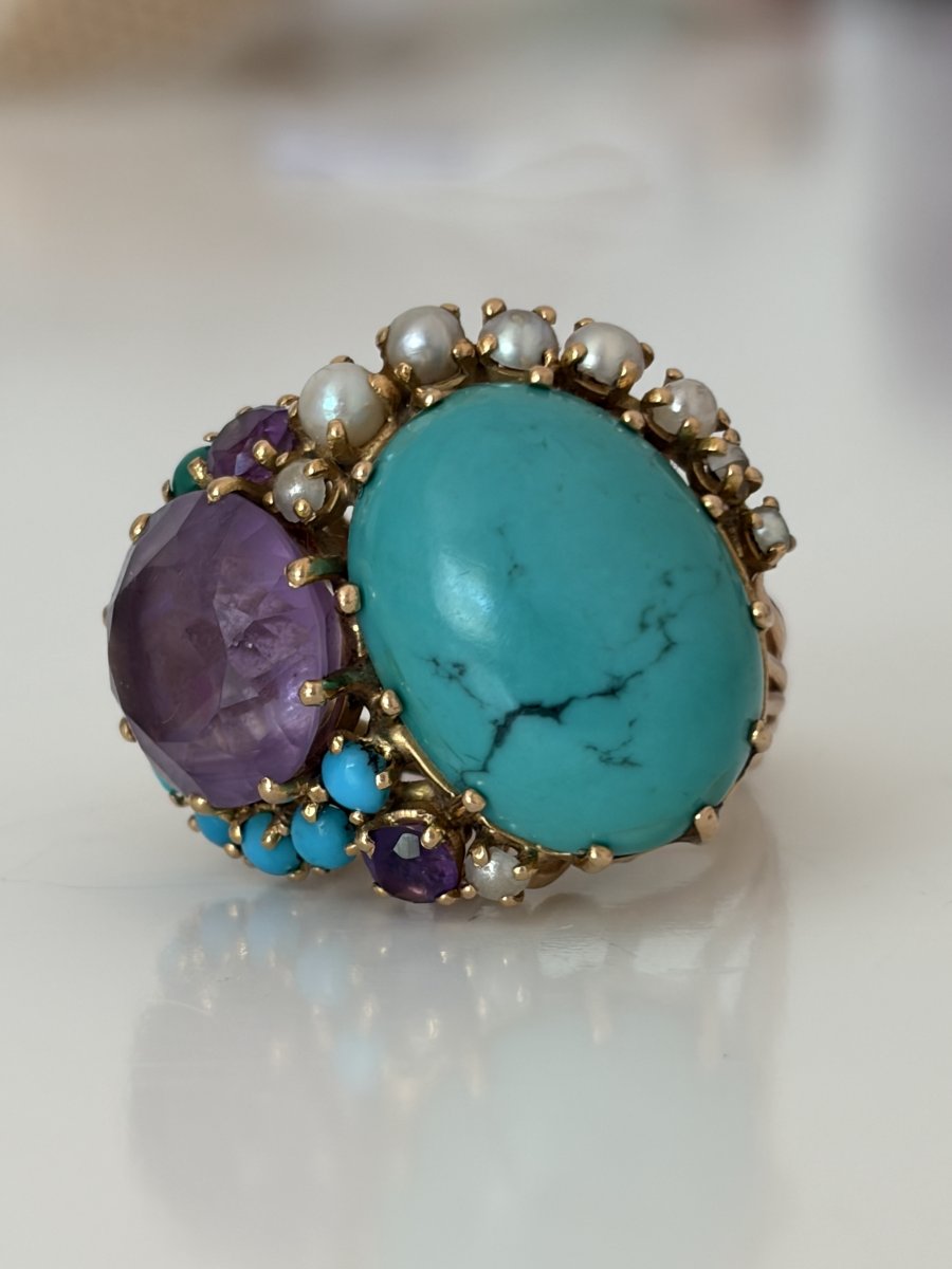 7857 - Statement Cocktail Ring In Rose Gold With Turquoises, Amethysts, And Pearls