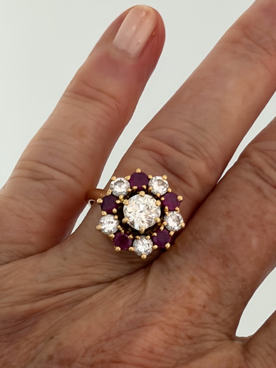 7865- Bague Marguerite Or Jaune Diamants Rubis-photo-2