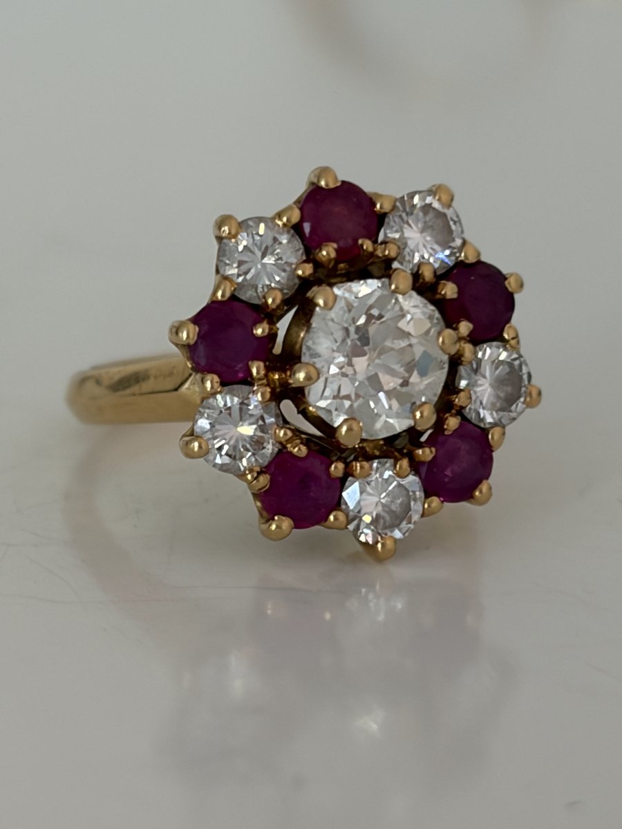 7865- Bague Marguerite Or Jaune Diamants Rubis-photo-2