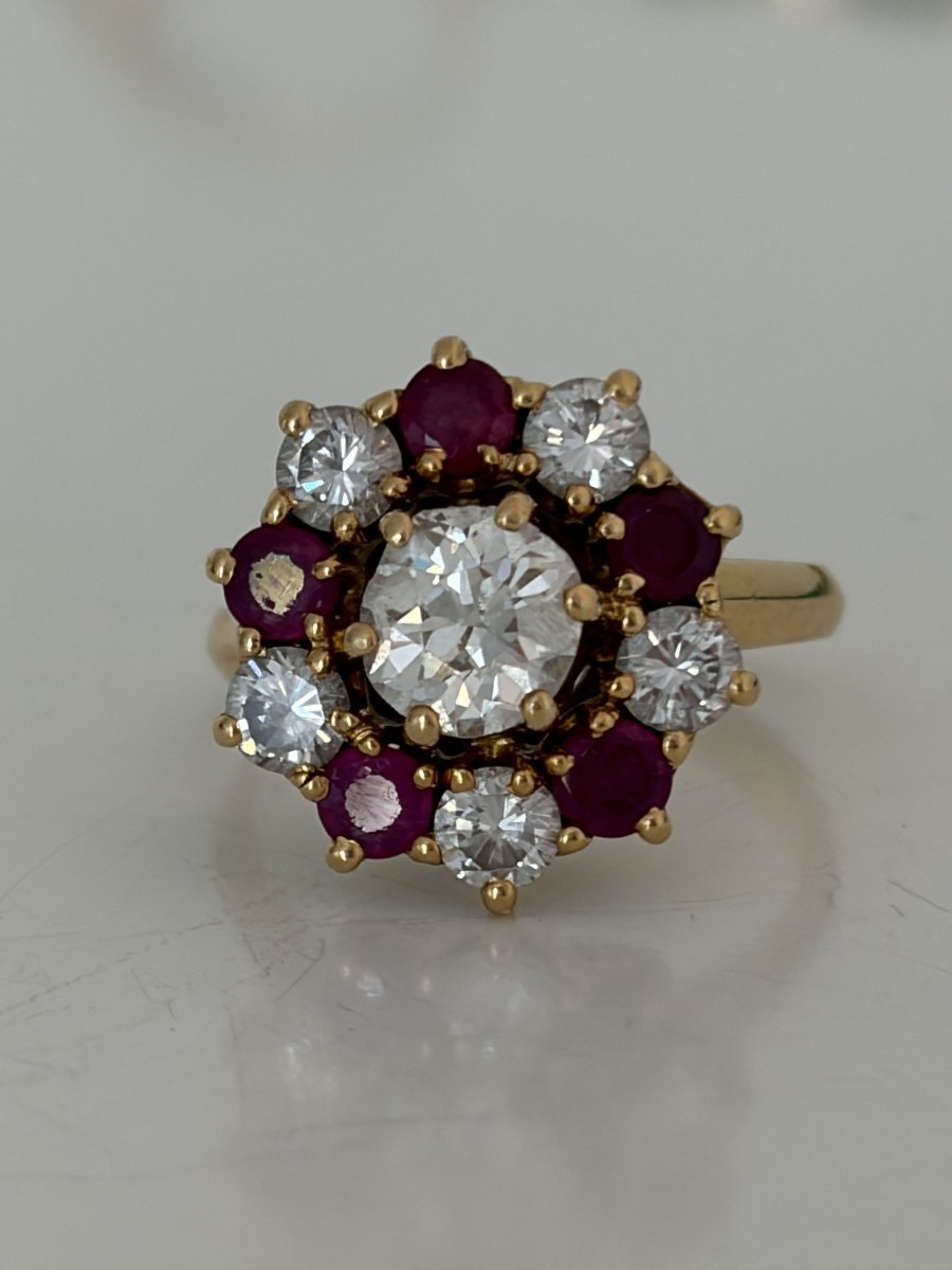 7865- Bague Marguerite Or Jaune Diamants Rubis