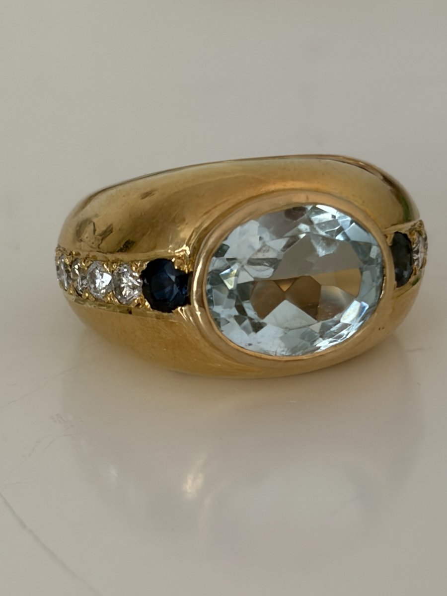 7891 - Vintage Yellow Gold Band Ring With Aquamarine, Sapphires, And Diamonds-photo-2