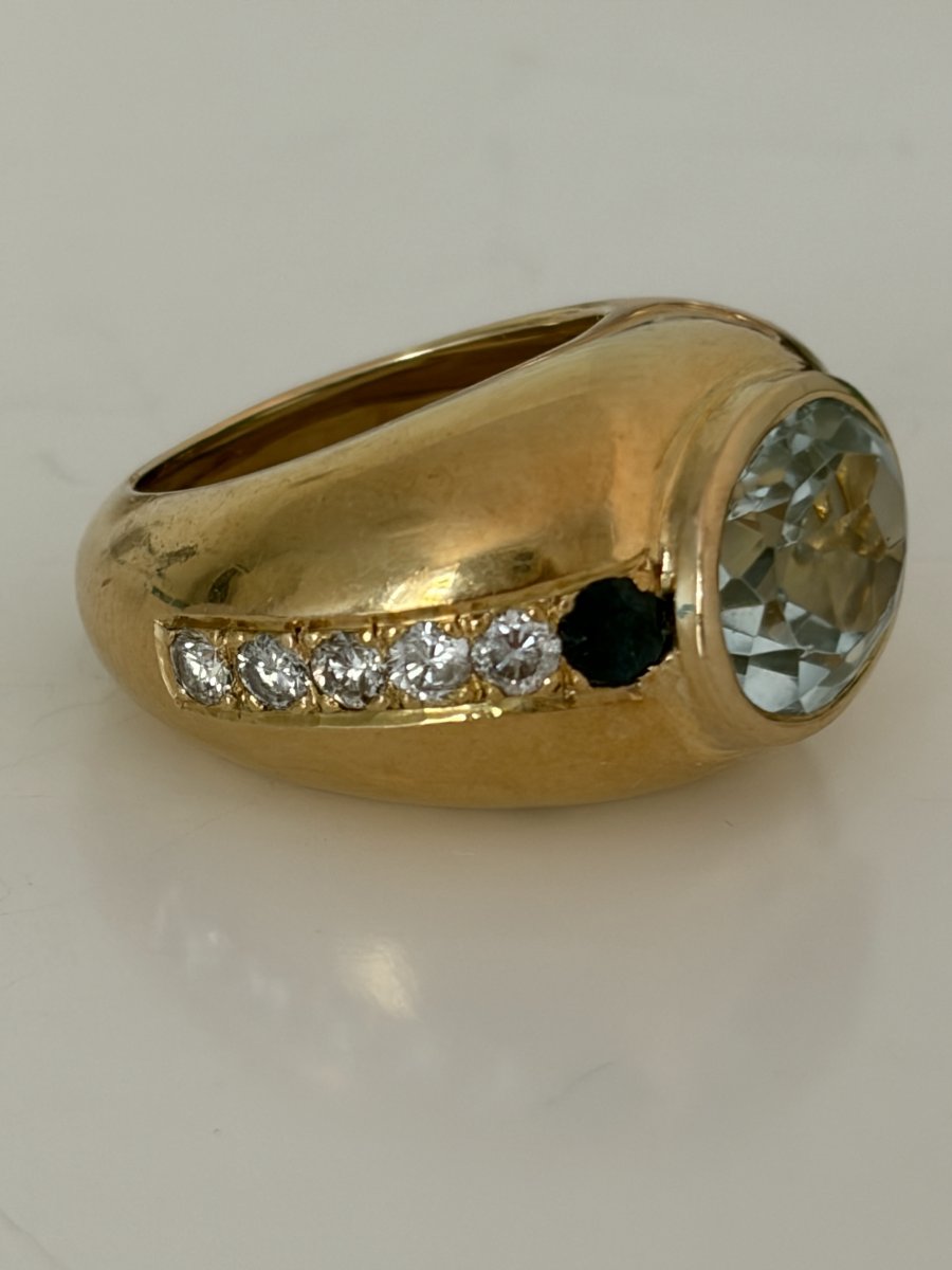 7891 - Vintage Yellow Gold Band Ring With Aquamarine, Sapphires, And Diamonds-photo-1