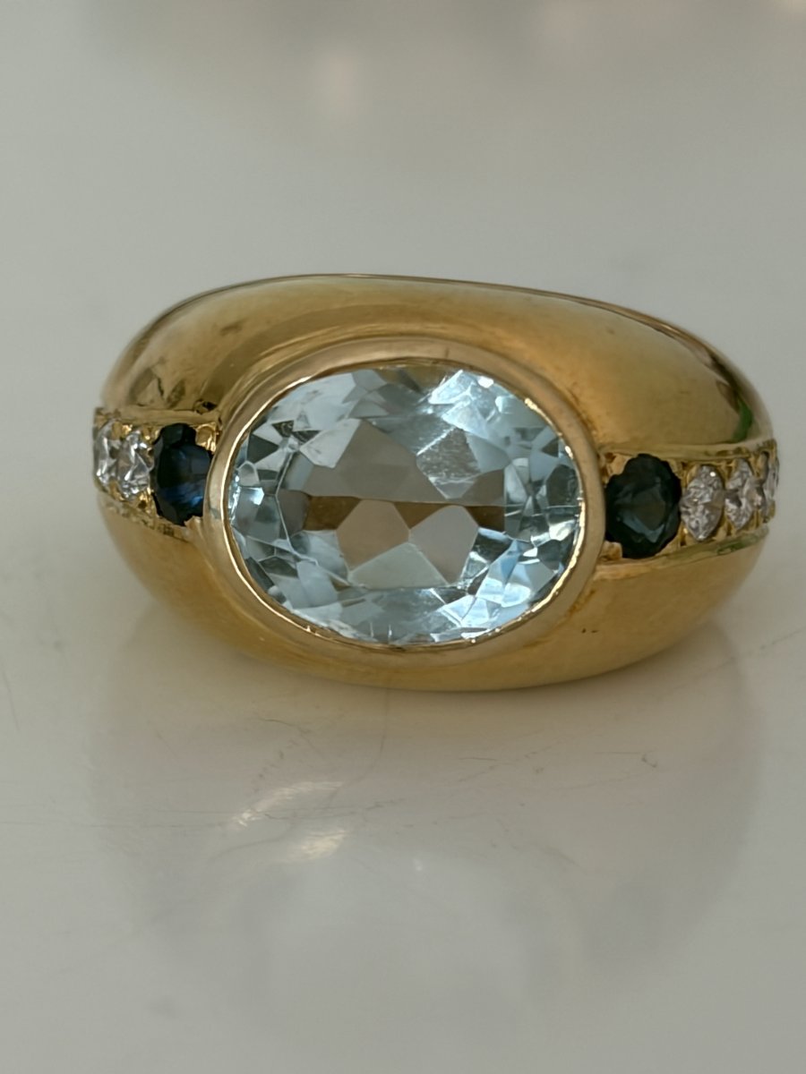 7891 - Vintage Yellow Gold Band Ring With Aquamarine, Sapphires, And Diamonds