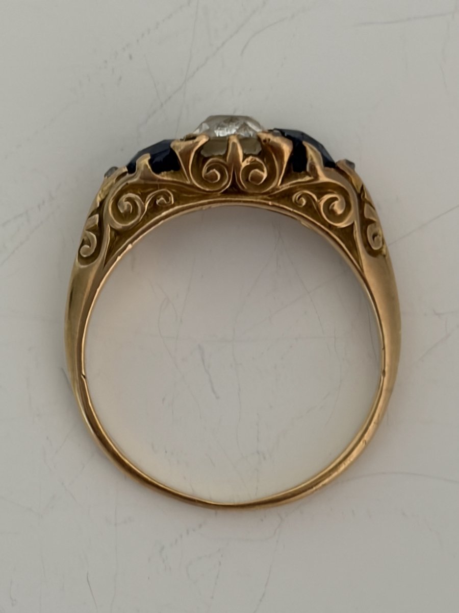 7895 - Vintage Yellow Gold Garter Ring With Diamonds And Sapphires-photo-3