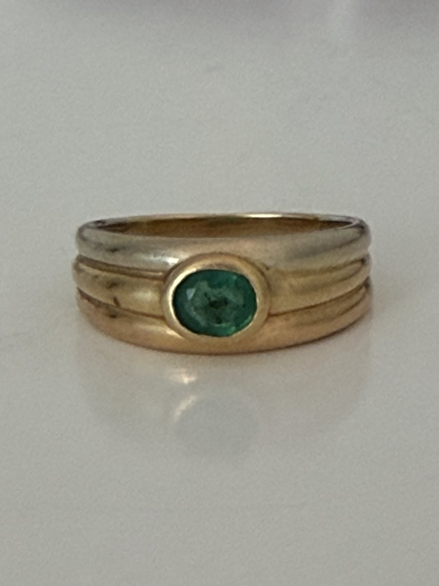 7896- Bague Bandeau Vintage Or Jaune Emeraude