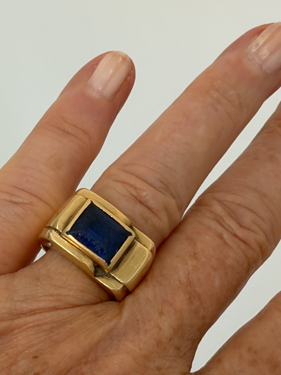 7897 - Yellow Gold Tank Ring With Imitation Sapphire-photo-2
