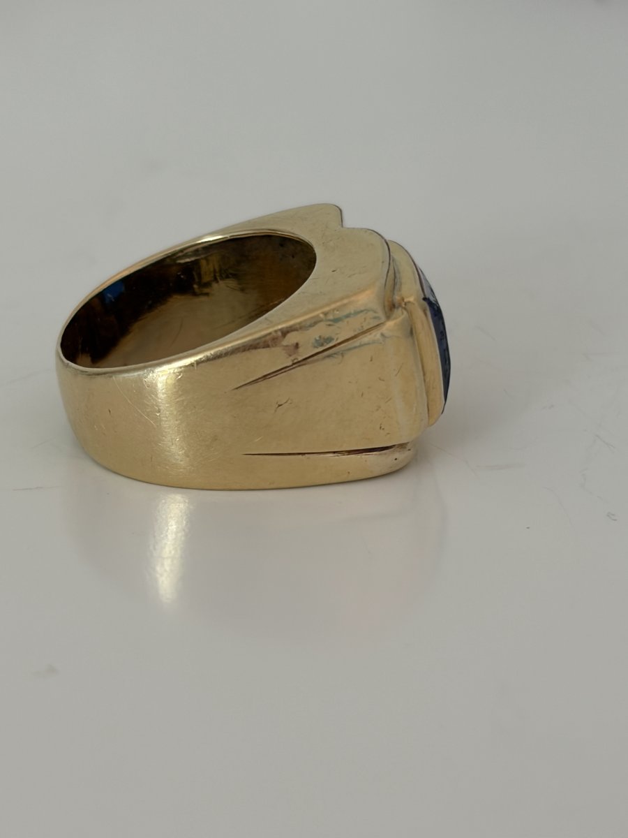 7897 - Yellow Gold Tank Ring With Imitation Sapphire-photo-2