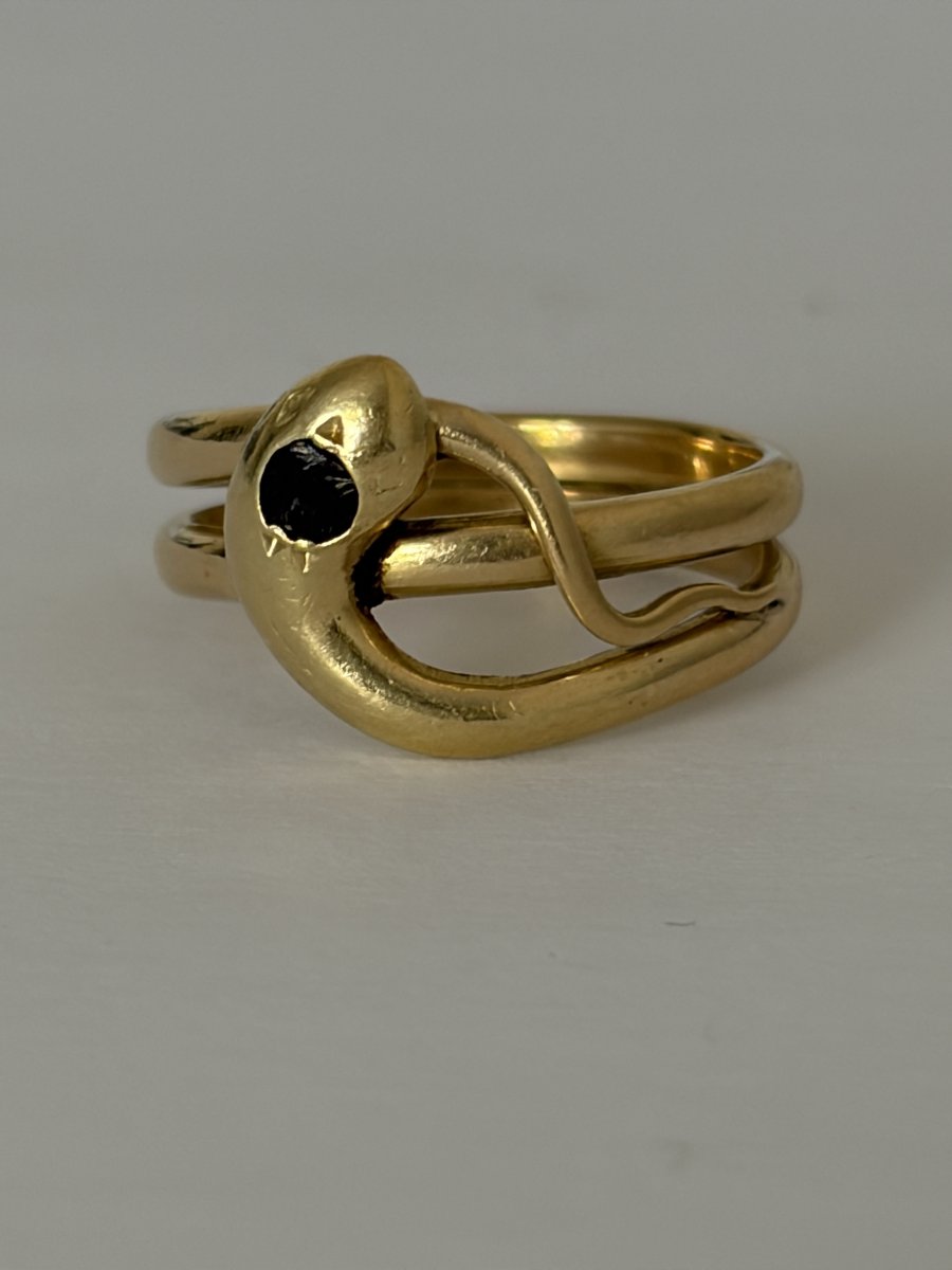 7944 - Antique Yellow Gold Garnet Snake Ring