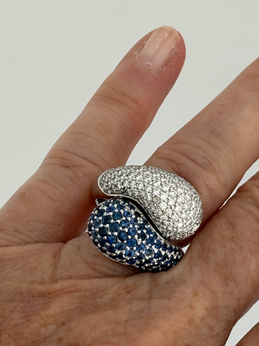 7947- Importange Bague Toi & Moi Vintage Or Gris Saphirs Diamants-photo-2