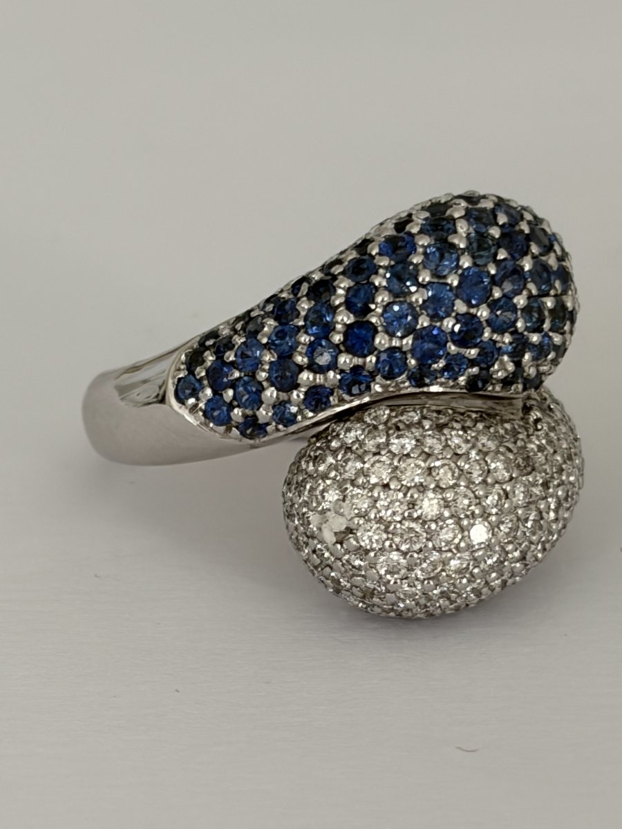 7947- Importange Bague Toi & Moi Vintage Or Gris Saphirs Diamants-photo-1