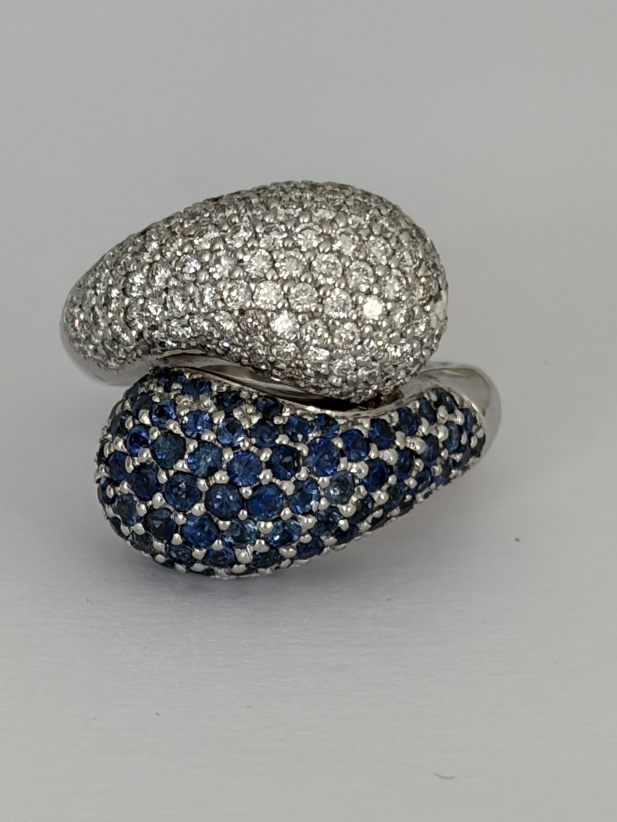 7947- Importange Bague Toi & Moi Vintage Or Gris Saphirs Diamants