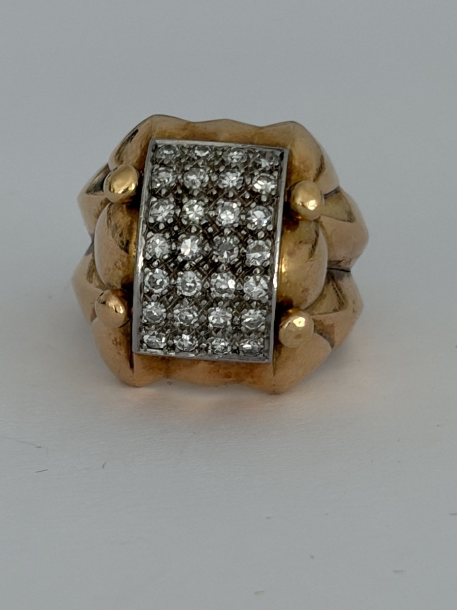 7950 - Large Yellow Gold Tank Ring With Diamonds