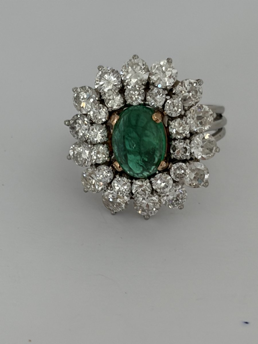 7952- Bague Platine Or Jaune Emeraude Diamants