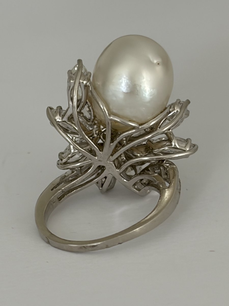 7954- Bague Vintage Platine Importante Perle Mers du Sud Diamants 2,00 ct-photo-2
