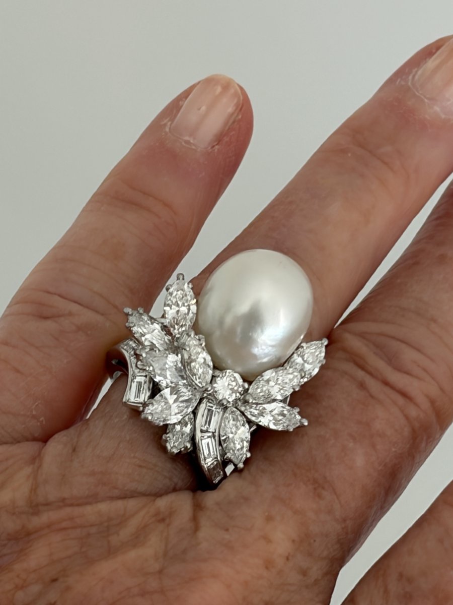 7954- Bague Vintage Platine Importante Perle Mers du Sud Diamants 2,00 ct-photo-3