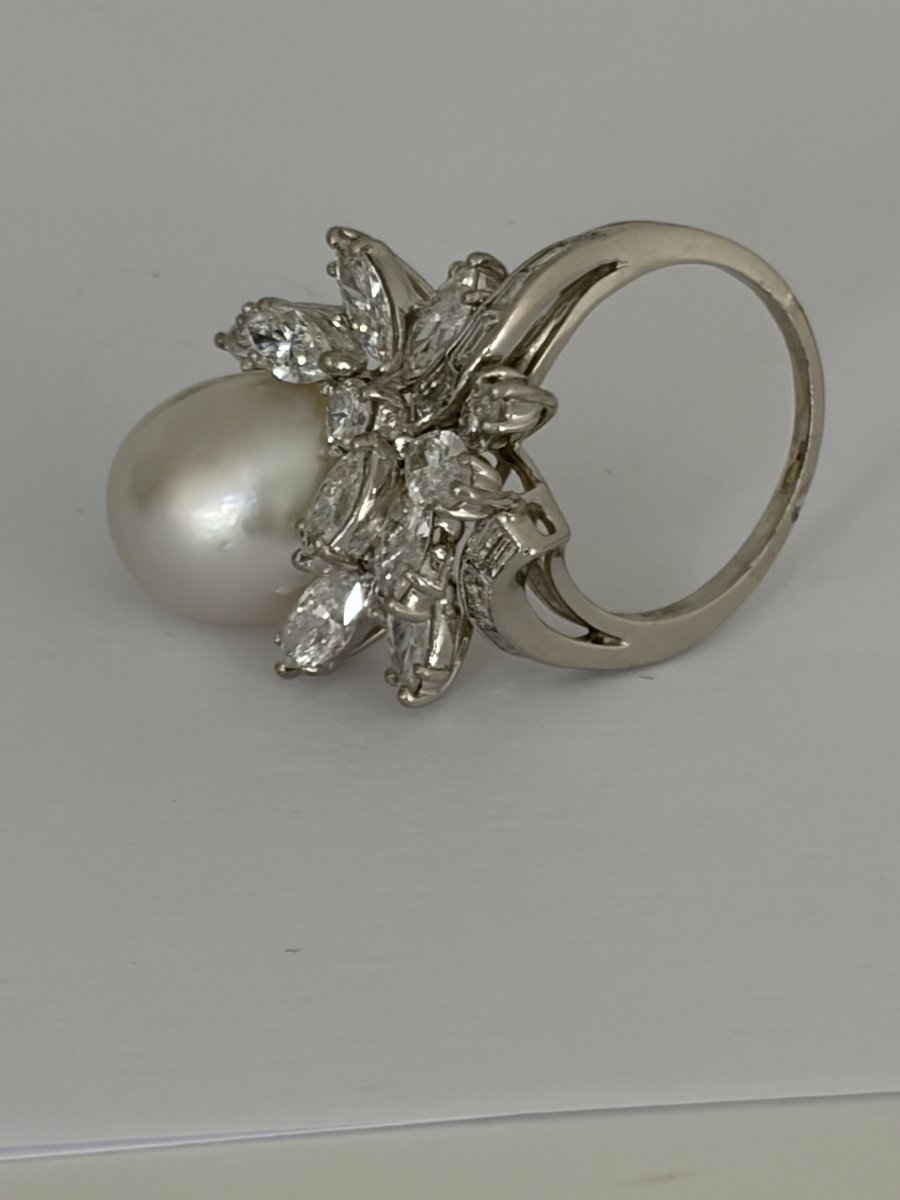 7954- Bague Vintage Platine Importante Perle Mers du Sud Diamants 2,00 ct-photo-4