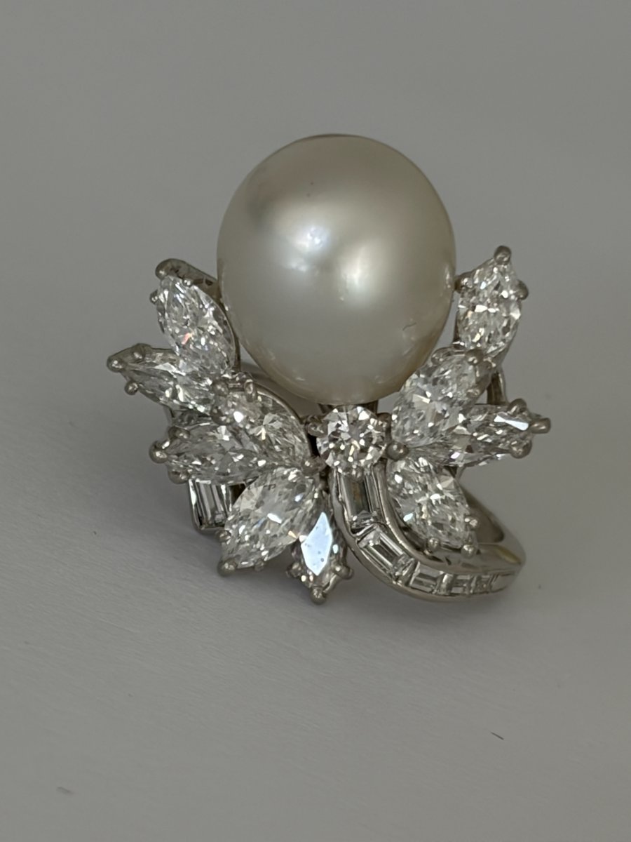 7954- Bague Vintage Platine Importante Perle Mers du Sud Diamants 2,00 ct-photo-1