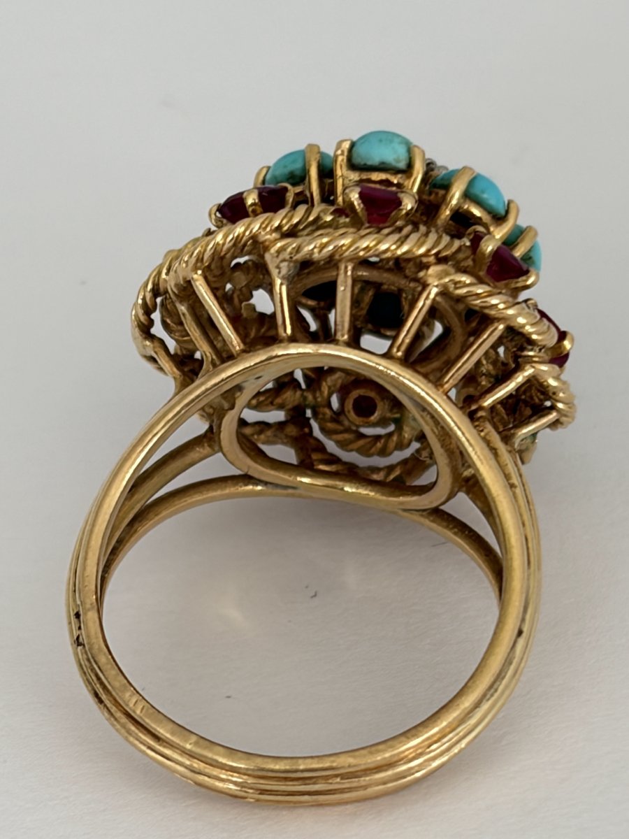 7955- Bague Fleur Vintage Or Jaune Platine Diamants Rubis Turquoises-photo-2