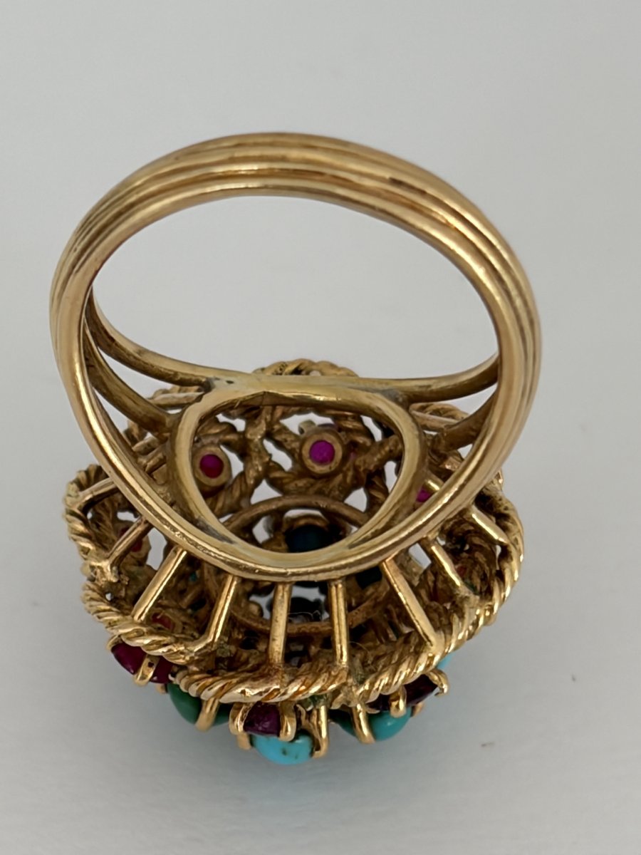 7955- Bague Fleur Vintage Or Jaune Platine Diamants Rubis Turquoises-photo-3