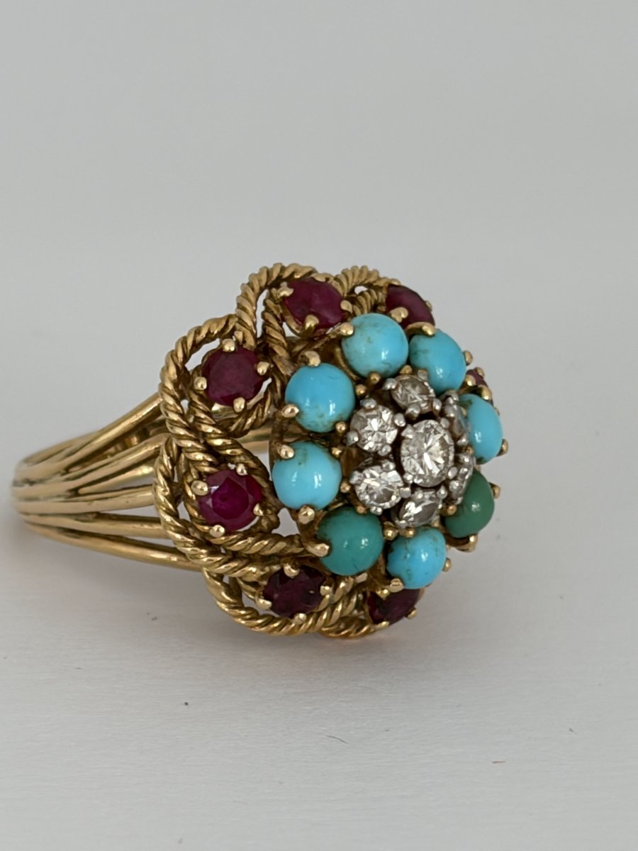7955- Bague Fleur Vintage Or Jaune Platine Diamants Rubis Turquoises-photo-4