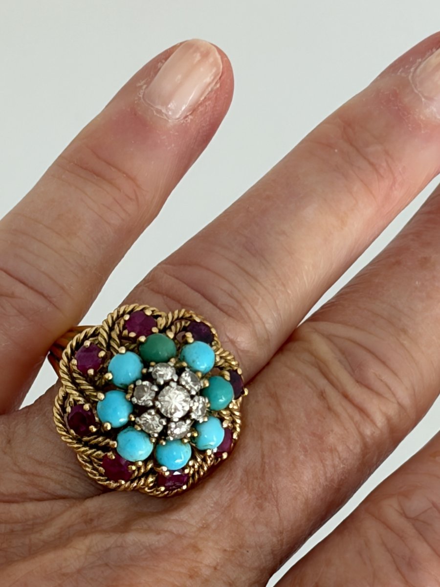 7955- Bague Fleur Vintage Or Jaune Platine Diamants Rubis Turquoises-photo-1