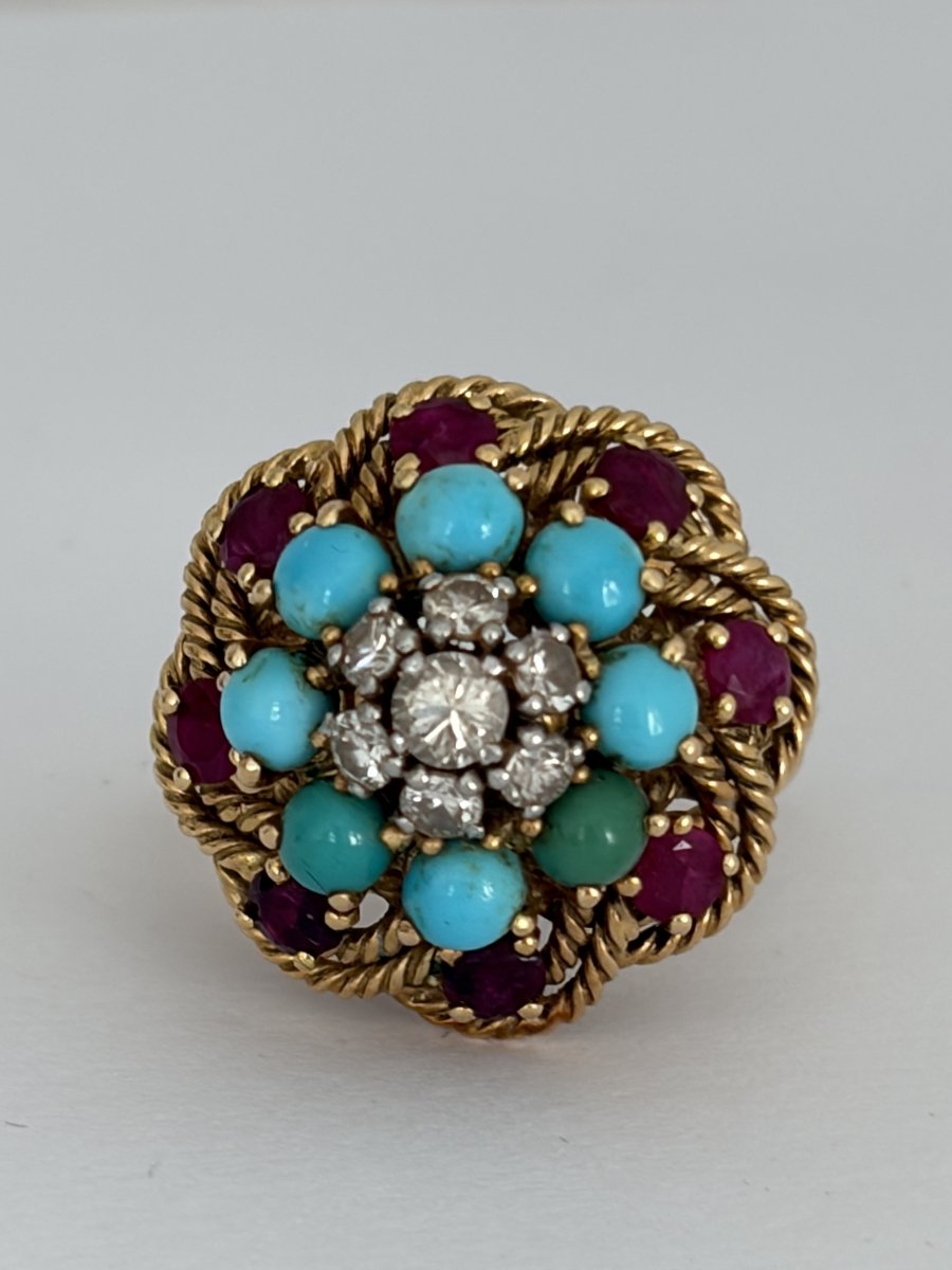 7955- Bague Fleur Vintage Or Jaune Platine Diamants Rubis Turquoises