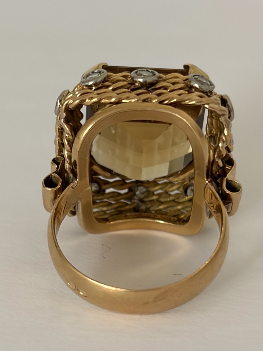 7963- Bague Vintage Or Jaune Platine Citrine 10,00 ct Diamants-photo-3