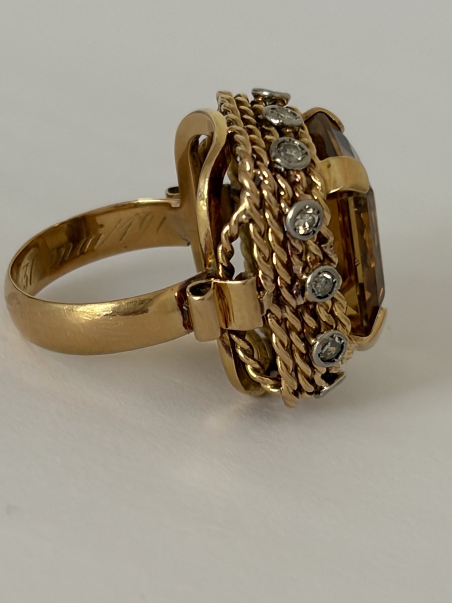 7963- Bague Vintage Or Jaune Platine Citrine 10,00 ct Diamants-photo-4