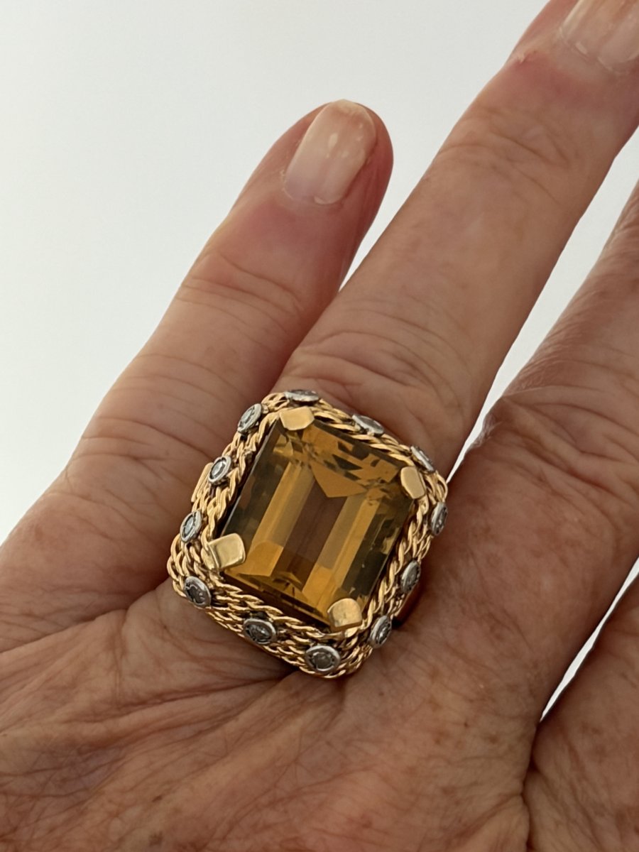 7963- Bague Vintage Or Jaune Platine Citrine 10,00 ct Diamants-photo-2