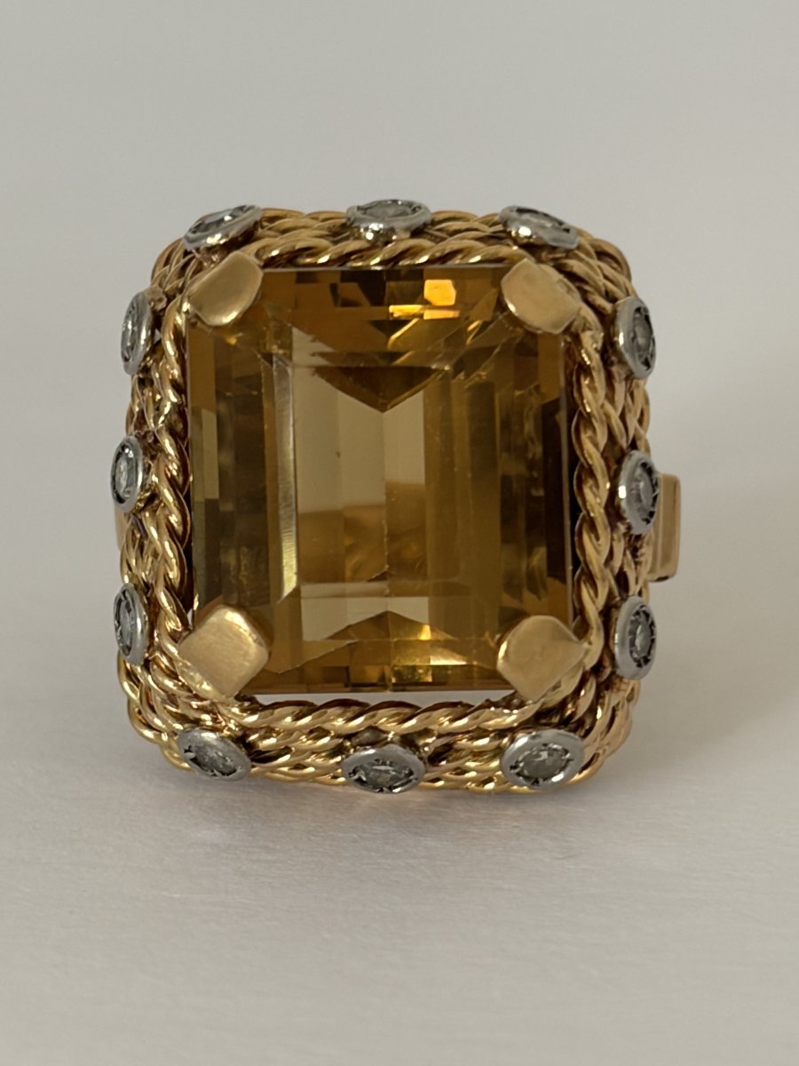 7963- Bague Vintage Or Jaune Platine Citrine 10,00 ct Diamants