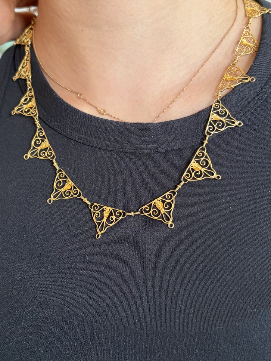 7965- Collier Ancien Draperie Or Jaune Filigrané-photo-3