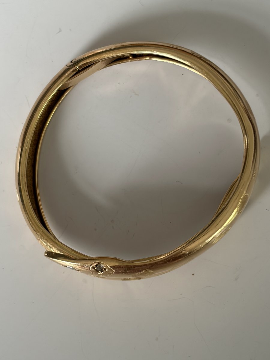 7968 - Antique Yellow Gold Snake Bracelet With Diamonds-photo-3