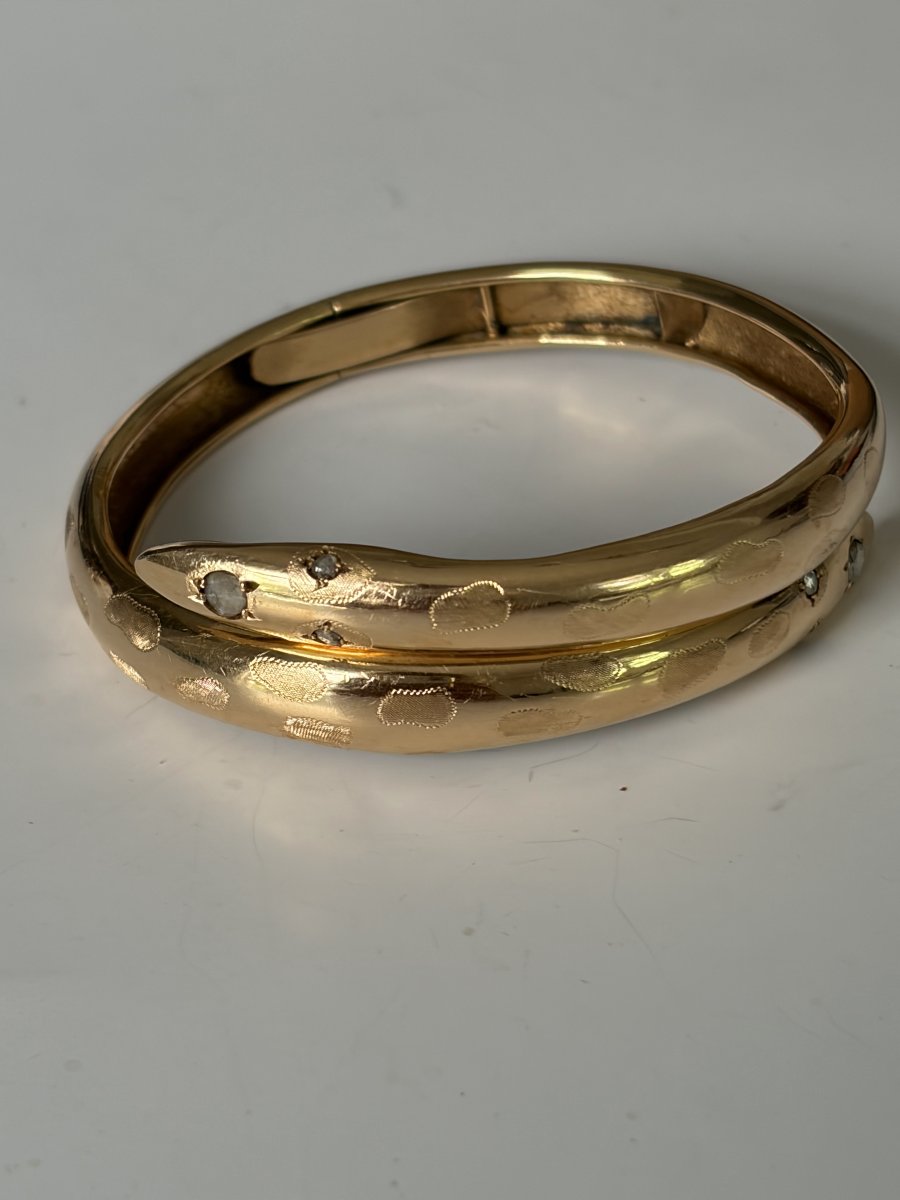 7968 - Antique Yellow Gold Snake Bracelet With Diamonds-photo-1