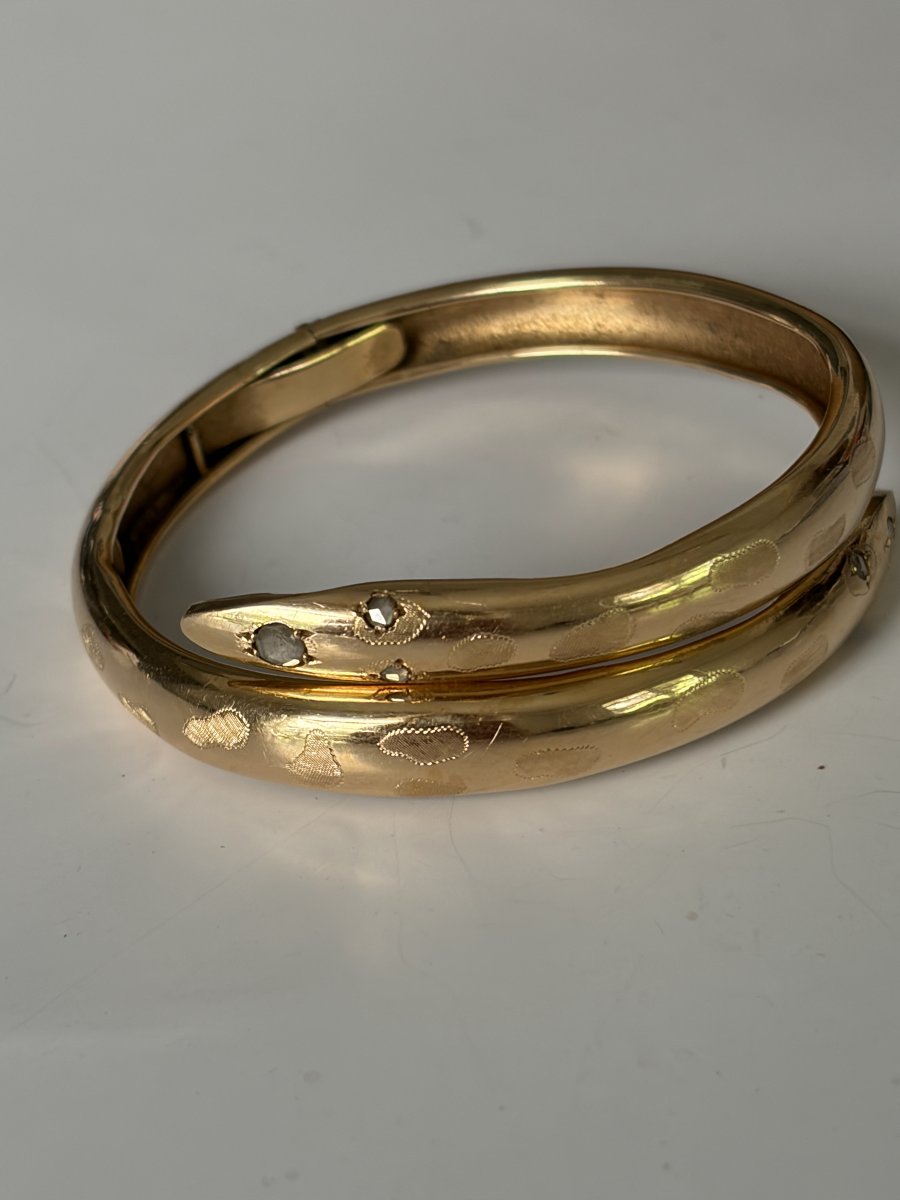 7968 - Antique Yellow Gold Snake Bracelet With Diamonds
