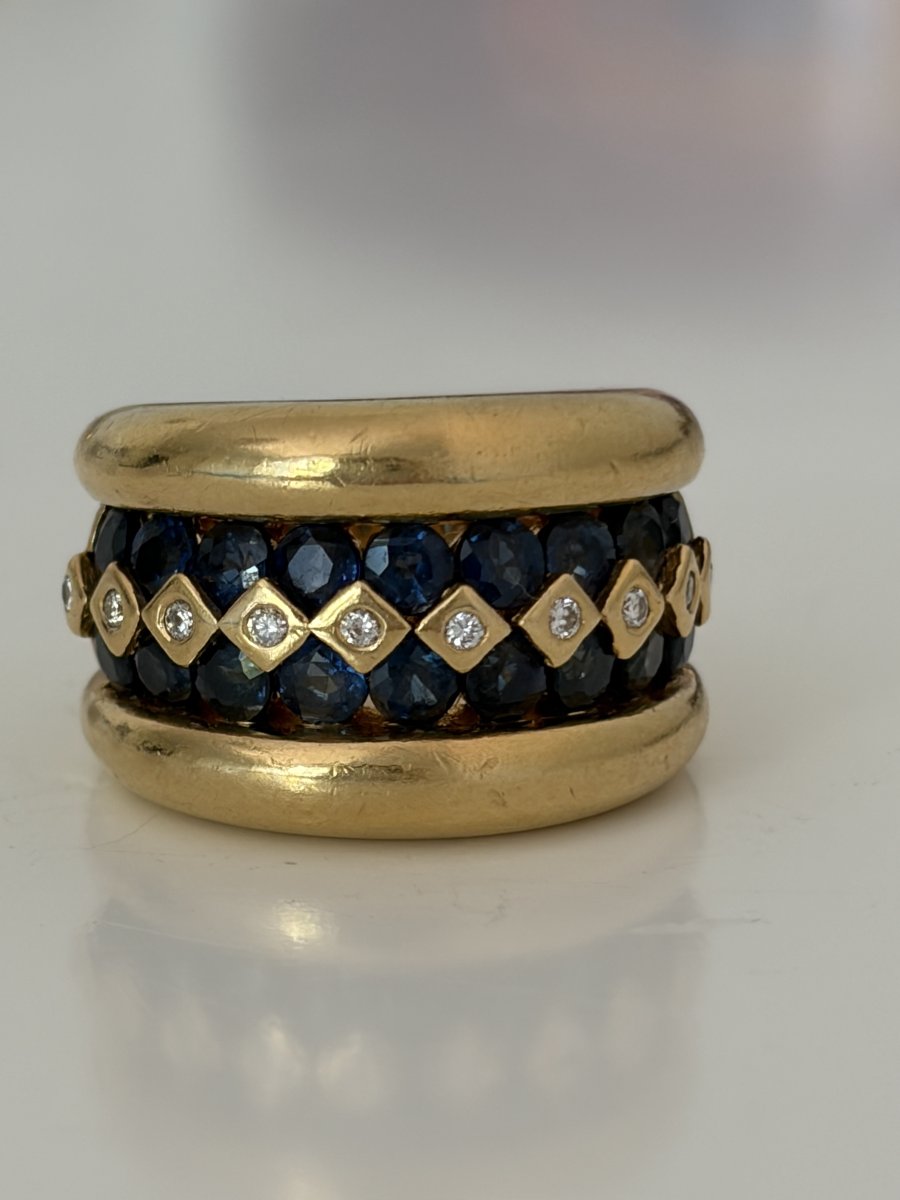 7972- Bague Jonc POIRAY Or Jaune Saphirs Diamants-photo-3