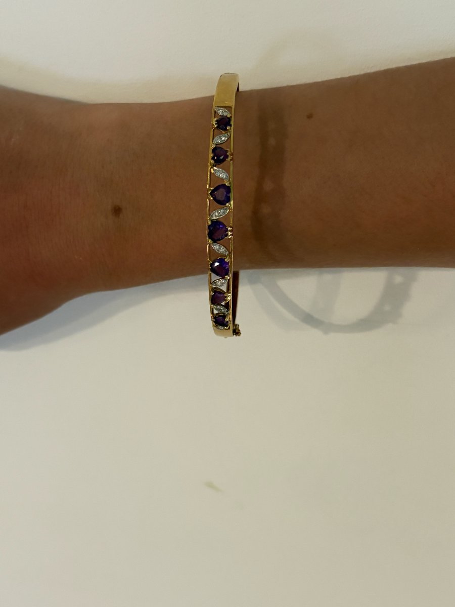 7977- Bracelet Jonc Ouvrant Vintage Or Jaune et Gris Améthystes Diamants-photo-2