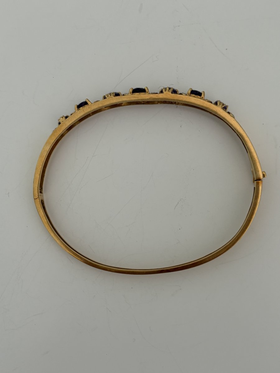 7977- Bracelet Jonc Ouvrant Vintage Or Jaune et Gris Améthystes Diamants-photo-3