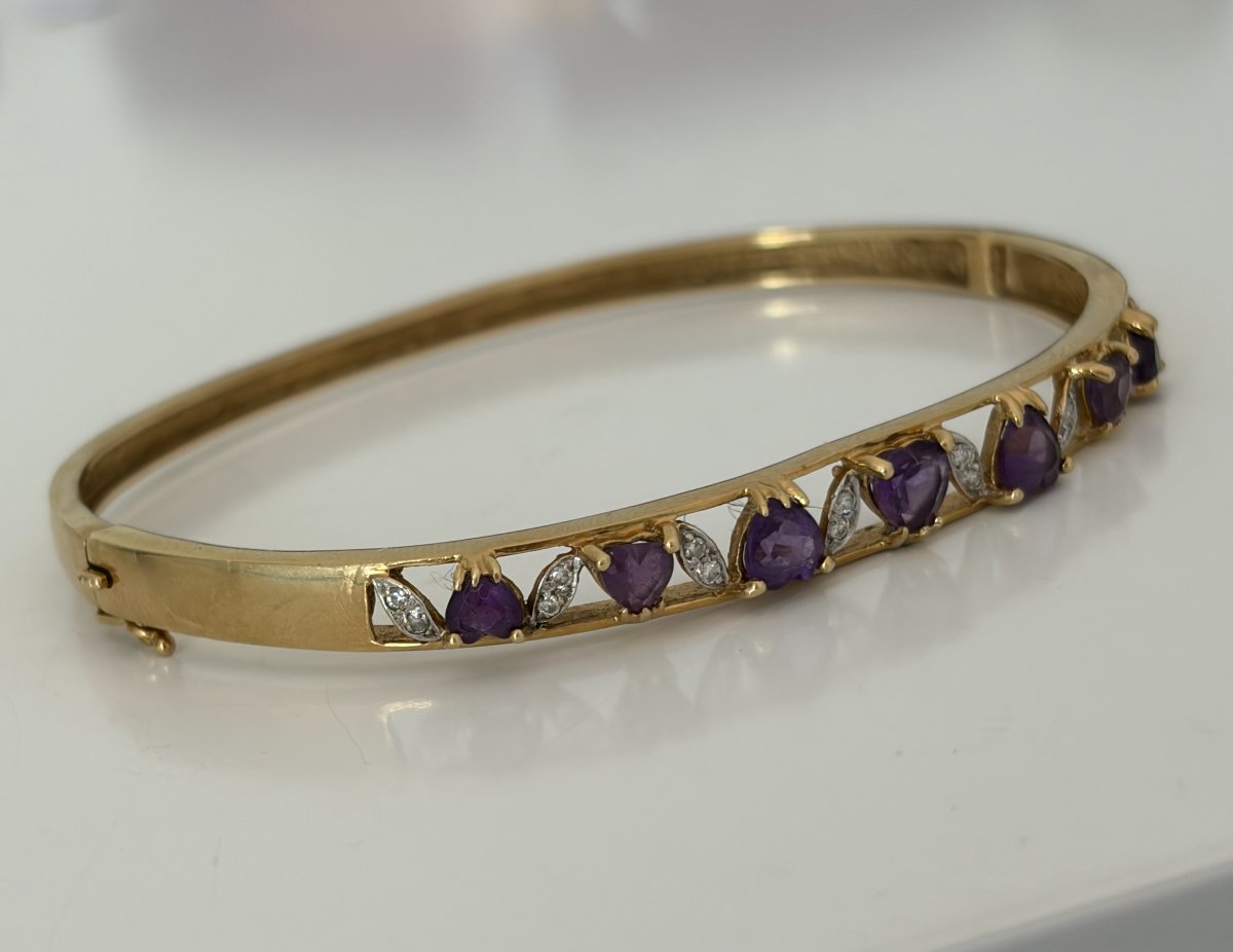 7977- Bracelet Jonc Ouvrant Vintage Or Jaune et Gris Améthystes Diamants-photo-4