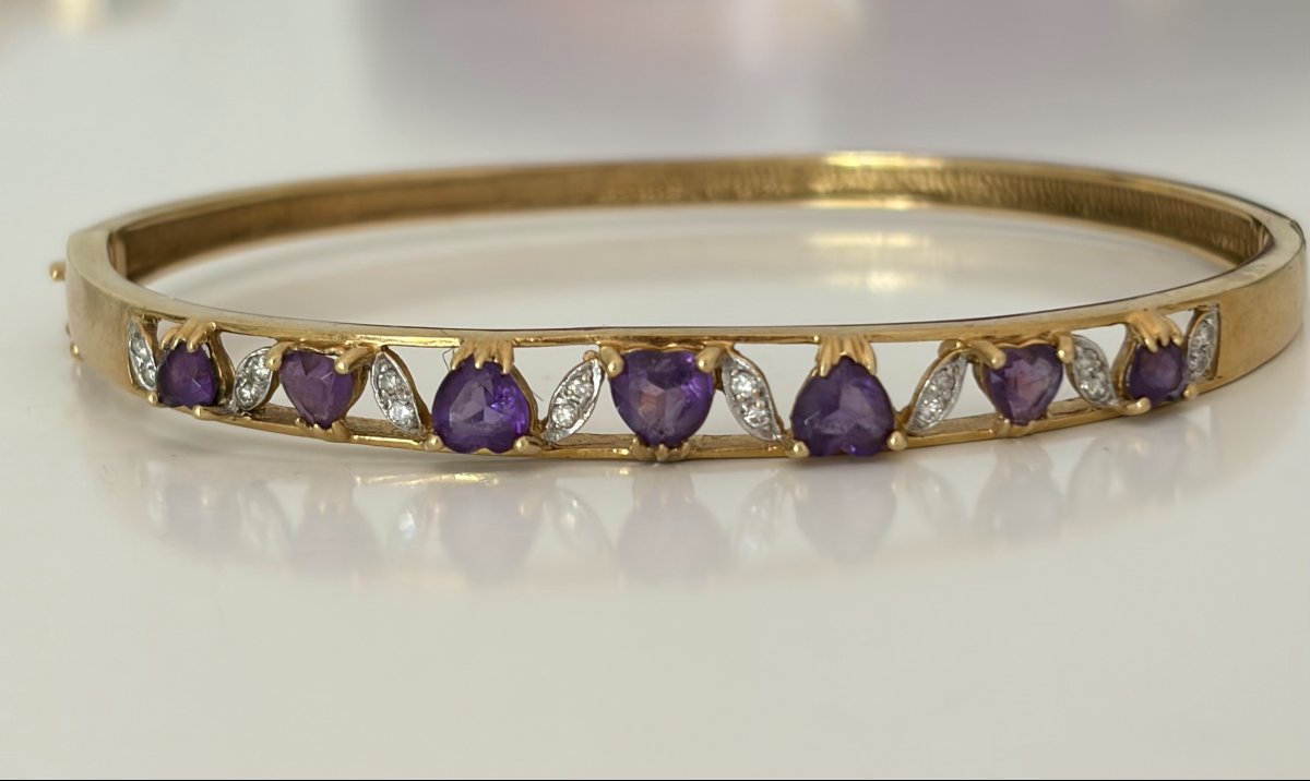 7977- Bracelet Jonc Ouvrant Vintage Or Jaune et Gris Améthystes Diamants