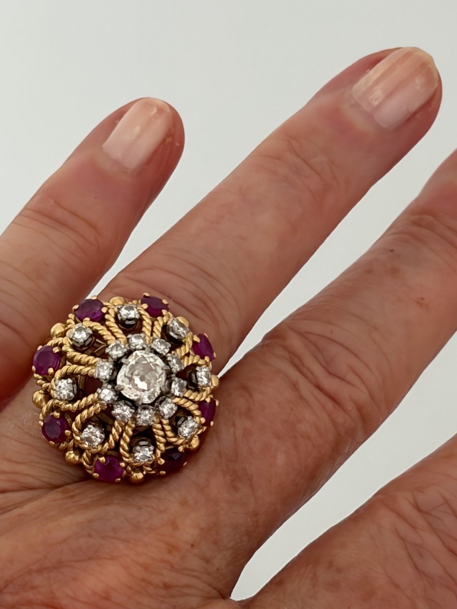 7978 - Vintage Dome Ring In Yellow Gold And Platinum With Diamonds And Rubies-photo-2