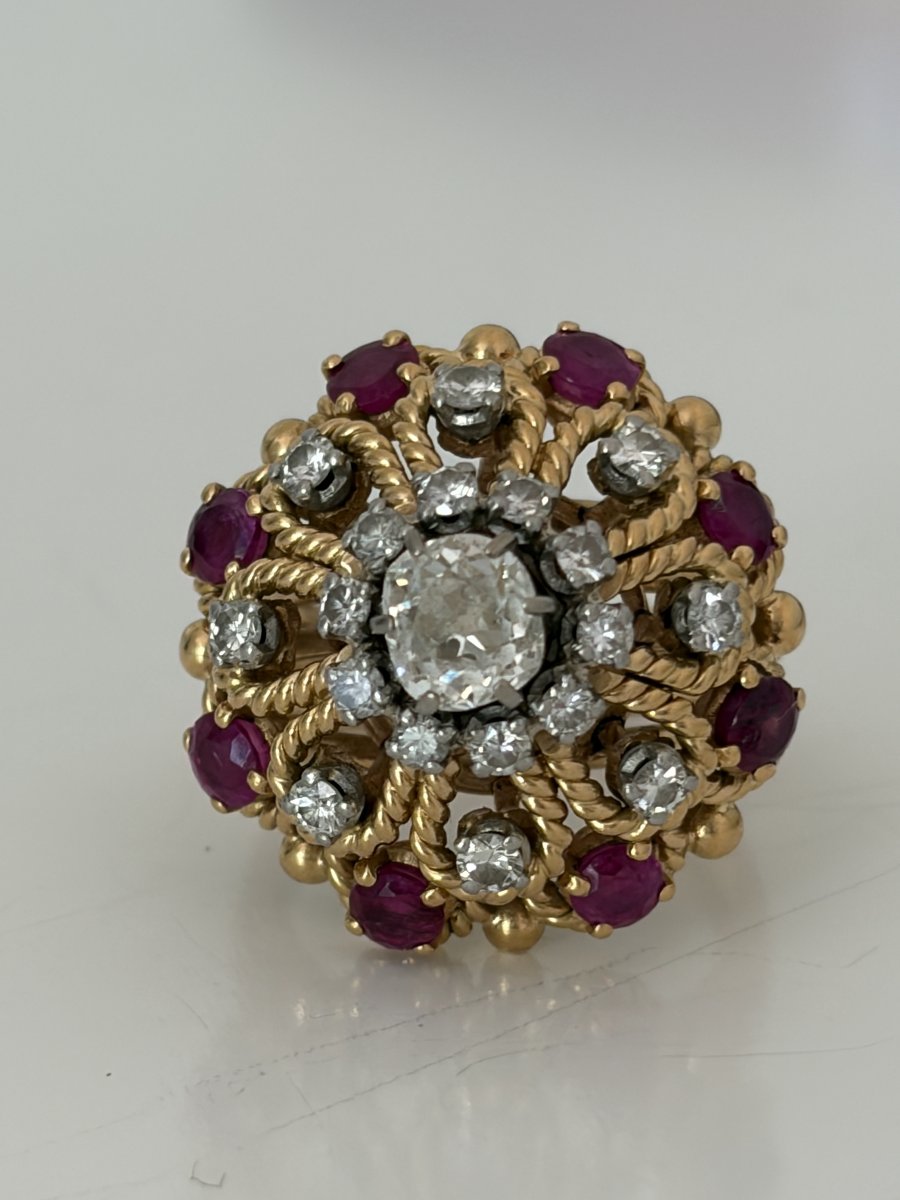 7978 - Vintage Dome Ring In Yellow Gold And Platinum With Diamonds And Rubies